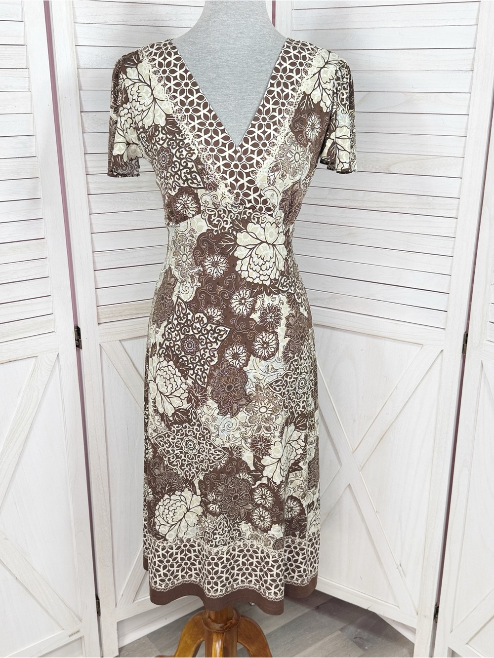 Y2K NorthStyle Floral Flutter Sleeve Boho Midi Dress Brown Cream Medium V Neck